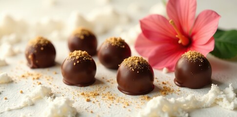 Delicious Dark Chocolate Truffles Decorated with Toasted Crumbs, Resting on a Bed of Whipped Cream, Near a Vibrant Pink Flower