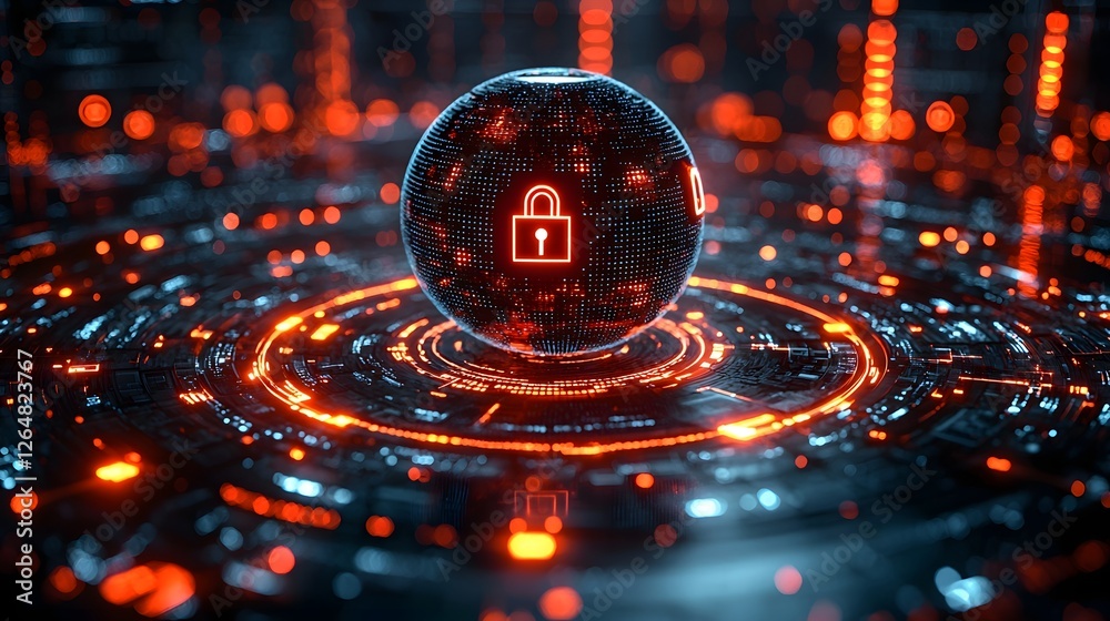Poster secure global cybersecurity solutions represented by digital globe with encrypted locks and keys
