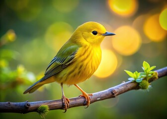 Fototapeta premium A tiny yellow warbler perches delicately on a branch, bathed in soft, low-light.