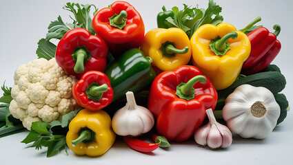 Fresh Organic Vegetables Background with Colorful Bell Peppers, Cauliflower, Garlic, and Green Herbs for Healthy Food Concepts