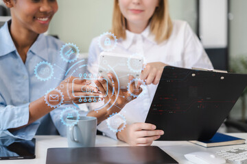 Diverse professionals collaborate on project analysis with financial graphs.