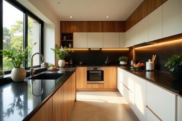 Modern Kitchen Design with Sleek Countertops and Wood Cabinets Illuminates a Bright and Airy Space