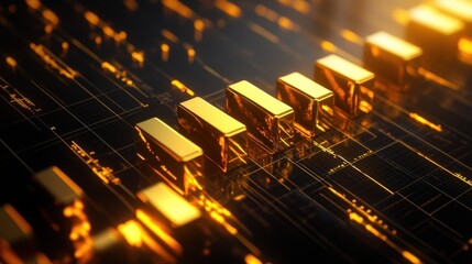 Obraz premium Golden bars on a chart with a glowing upward arrow on a modern black and gold background