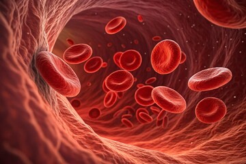Fototapeta premium Red blood cells navigate through the human bloodstream, showcasing their vital role in oxygen transport and circulation within the body. The intricate environment highlights their dynamic movement.