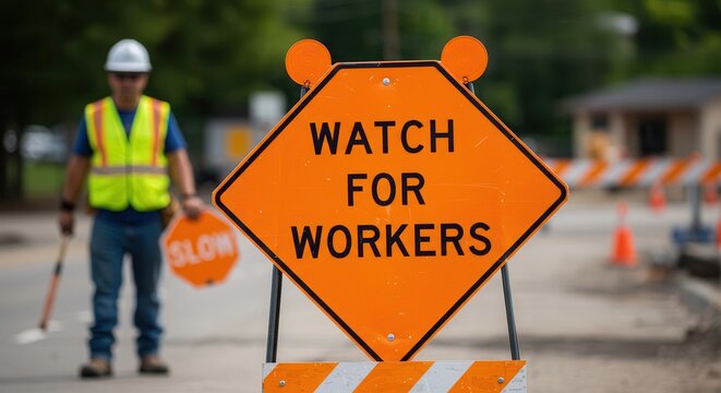 Watch for Workers Road Sign with Construction Worker Nearby