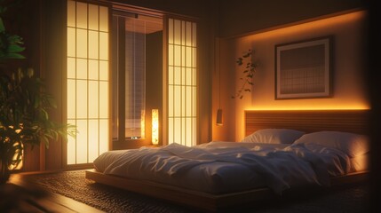 Obraz premium A warmly lit bedroom features japanese design elements
