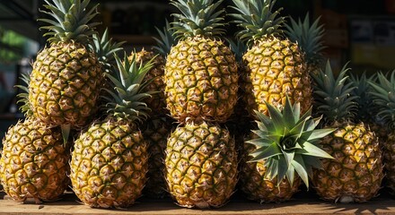 Fototapeta premium Pile of Fresh Pineapple Fruit at Market Stall for Sale
