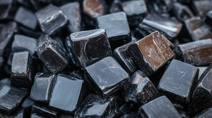 Small cubic black crystals with both matte and glossy facets, densely scattered. Their strict geometry often attracts collectors and designers for industrial interiors.