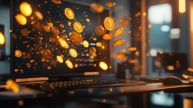 High-tech holographic display of golden coins spinning above a professional desk setup.