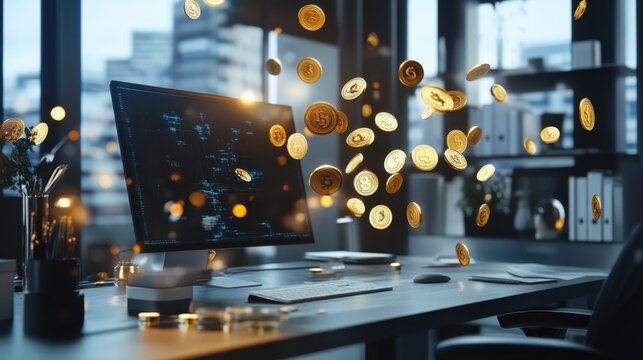 High-tech holographic display of golden coins spinning above a professional desk setup. - Powered by Adobe