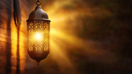 Beautiful Moroccan Lantern with Glowing Light in Warm Colors. Generative AI