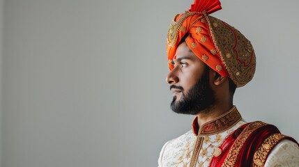 Obraz premium A side-profile portrait of a bearded man wearing a detailed gold and red traditional Indian wedding outfit with an ornate turban featuring intricate embroidery and embellishments, with copy space.