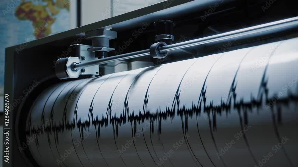 Aufkleber Seismograph needle recording seismic wave patterns, rotating drum drawing geological data visualization of ground motion and earthquake activity in precise slow motion detail