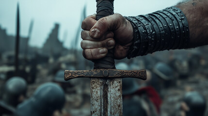 battle worn warrior determined grip on rusted blade embodies strength and resilience amid chaos of war, showing fearlessness and fury