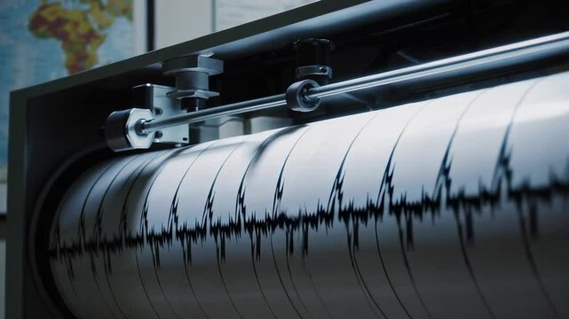Seismograph needle recording seismic wave patterns, rotating drum drawing geological data visualization of ground motion and earthquake activity in precise slow motion detail