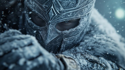 frost warrior clad in icy armor, eyes conveying determination and resilience against elements, ready for challenges ahead