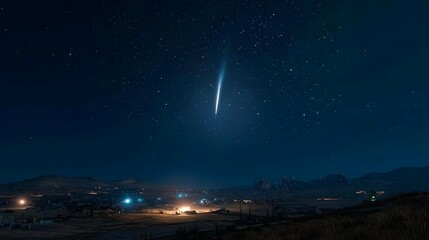 Fototapeta premium Night Sky Landscape with Bright Meteor and Distant Lights