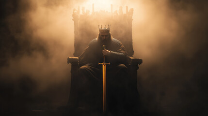 powerful king sits solemnly on his throne with golden sword in hand, exuding strength and authority