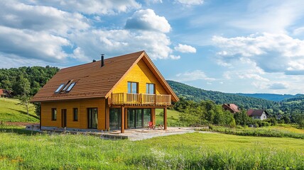 Fototapeta premium Sunny wooden house in a picturesque rural landscape