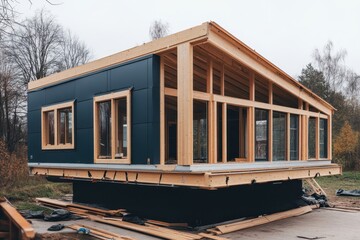 Fototapeta premium Modern wooden frame house under construction in autumn landscape