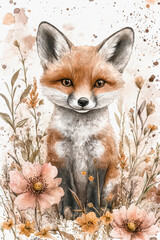 Obraz premium Whimsical watercolor fox illustration with floral elements for nursery decor or greeting cards