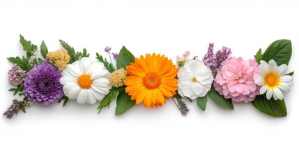 Obraz premium Colorful Flowers Arranged on Isolated White Background. Generative AI