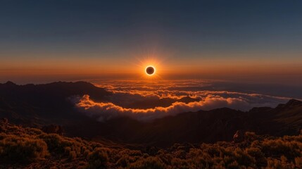 Majestic Solar Eclipse Over Mountainous Landscape with Clouds. Generative AI