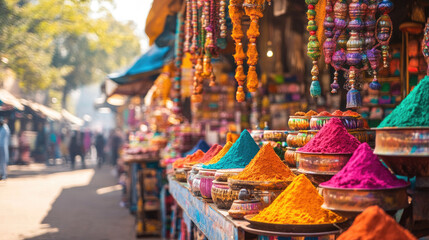 Naklejka premium A vibrant festival market during Holi, featuring stalls selling colorful gulal powders, sweets, and traditional decorations.