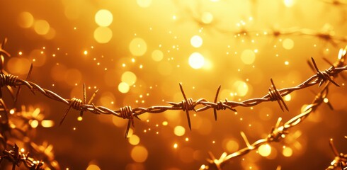 Barbed wire glistening under golden light with bokeh background