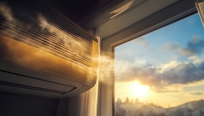 Air conditioning unit cooling room at sunset