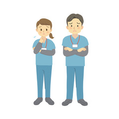 スタッフカード付き＿困った表情の青系のスクラブを着用した医療従事者の男女（正面を向いて困り顔全身）　
