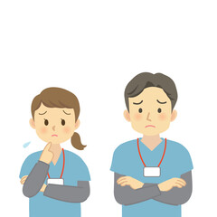 スタッフカード付き＿困った表情の青系のスクラブを着用した医療従事者の男女/正面を向いた困り顔/上半身　
