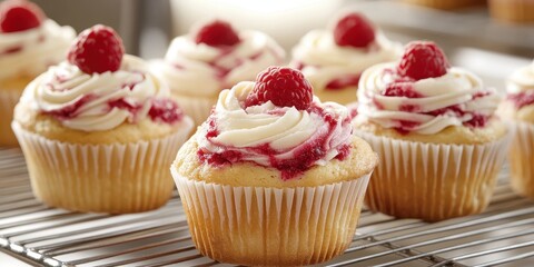 Raspberry-topped cupcakes with cream icing on cooling rack.