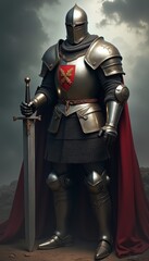 Knight in shining armor stands proud against a stormy backdrop