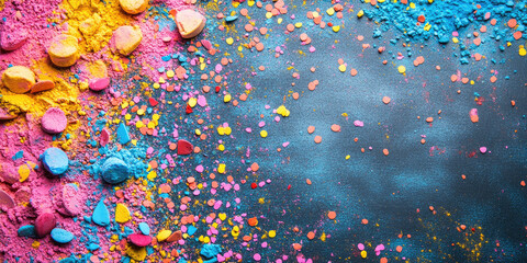 Flat lay of colorful Holi-themed confetti, powders, and sweets arranged alongside a blank chalkboard, perfect for messages or promotions. Banner. Copy space