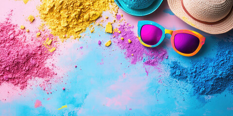 A festive flat lay with Holi-inspired accessories, including bright sunglasses, playful hats, and vivid color gulal powders, arranged on a soft pastel gradient background with space for text. Banner.