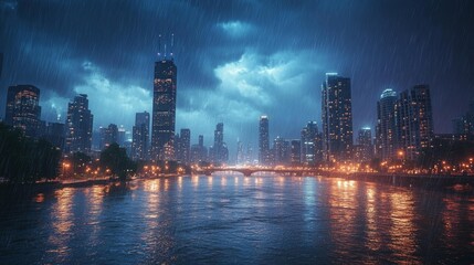 Obraz premium Rainy Night in a Modern City with Glowing Skyscrapers and River View. Generative AI