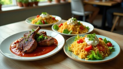 Delicious grilled lamb chops served with a vibrant tomato sauce, accompanied by three servings of golden couscous topped with creamy sauce and fresh vegetables.