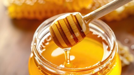 Close-up of honey dripping from a wooden dipper