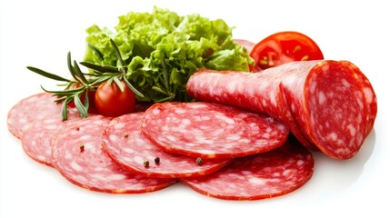 Fresh Slices of Salami with Lettuce and Tomato on White Background