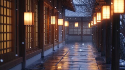 Fototapeta premium Illuminated corridor in a traditional Japanese house during winter