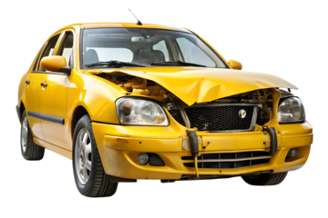 Damaged Yellow Car: A severely damaged yellow car, front end crumpled and hood open, showcasing the impact of a collision.  The image highlights the extent of the damage.