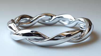 Fototapeta premium Twisted Silver Sculptural Ring on Light Background with Reflection. Generative AI