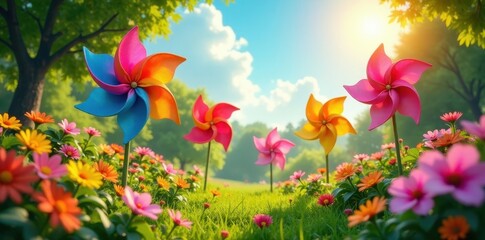 Obraz premium Colorful pinwheels playfully dance amidst a vibrant meadow of blooming flowers, bathed in the warm glow of a sunny day.