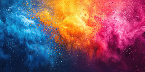 Fototapeta premium Vivid colorful Holi powders in a splash design, spreading outward from the center, ideal for festival advertisements, with copy space. Banner
