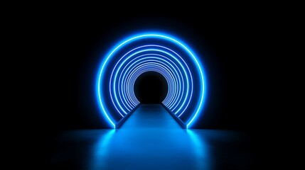 Fototapeta premium Neon blue circle tunnel, futuristic background