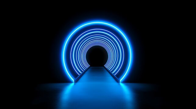 Neon blue circle tunnel, futuristic background