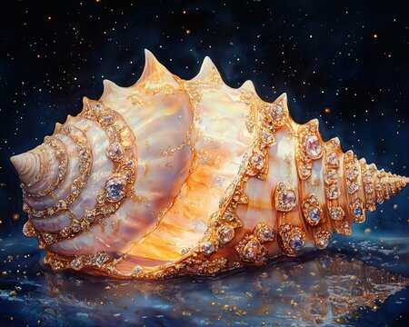 Watercolor illustration of a Conch shell with elegant gemstone detailing and ornate gold trim