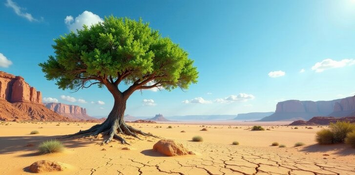 A solitary, vibrant green tree thrives amidst a vast, arid desert landscape, its strong roots anchoring it to the cracked earth under a brilliant blue sky.