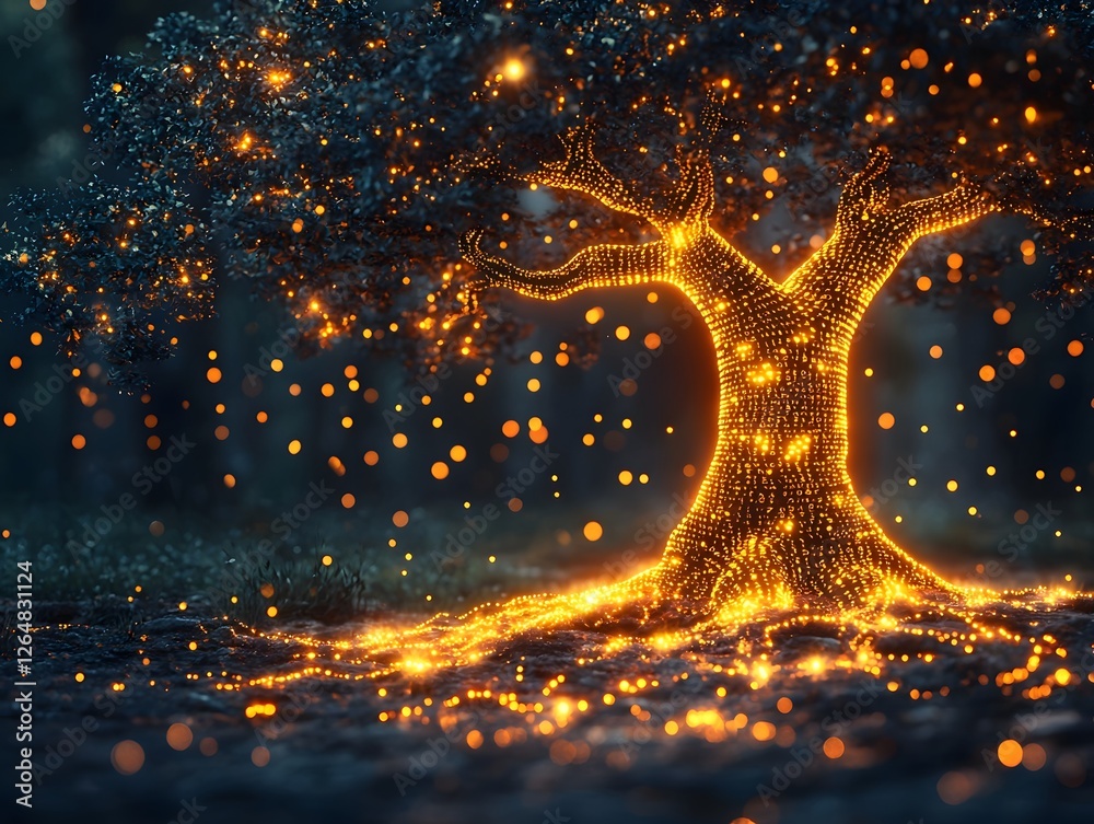 Poster glowing cybersecurity tree guarding user data with encrypted roots and shielding branches